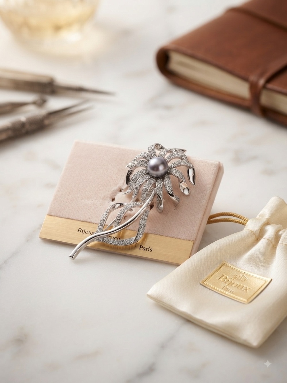 Bijoux Paris Silver-Tone Floral Brooch with Gray Pearl
